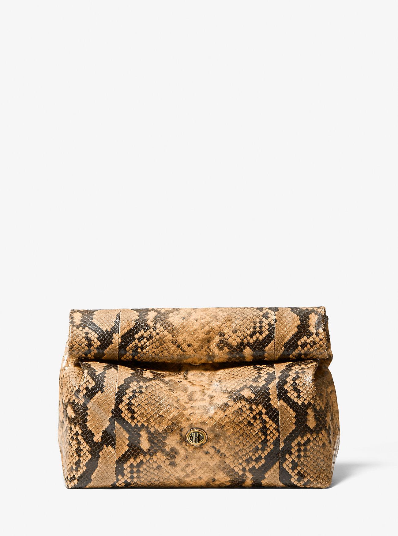 Túi Michael Kors Monogramme Python Embossed Lunch Bag Clutch Nữ Vàng