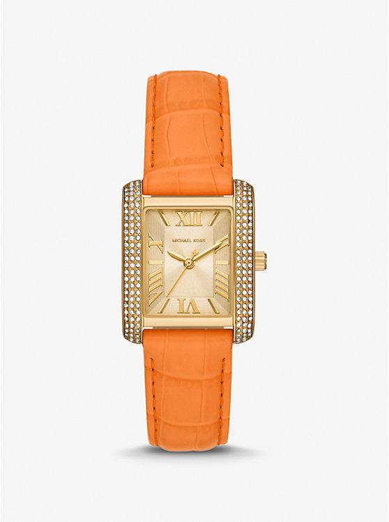 Đồng Hồ Michael Kors Mini Emery Pavé Gold-Tone And Crocodile Embossed Leather Watch Nữ Cam