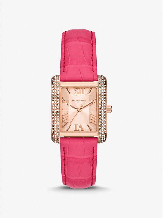 Đồng Hồ Michael Kors Emery Pavé Rose Gold-Tone And Crocodile Embossed Leather Watch Nữ Hồng