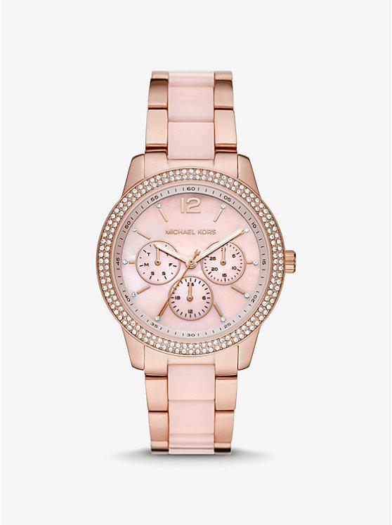 Đồng Hồ Michael Kors Oversized Tibby Pavé Rose Gold-Tone Blush Acetate Watch Nữ Vàng Hồng