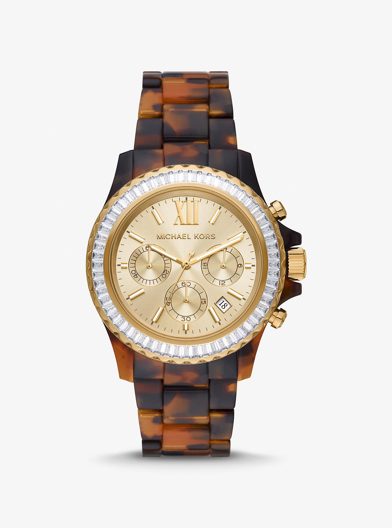 Đồng Hồ Michael Kors Oversized Everest Pavé Gold-Tone And Tortoiseshell Bio-Based Acetate Watch Nữ Vàng