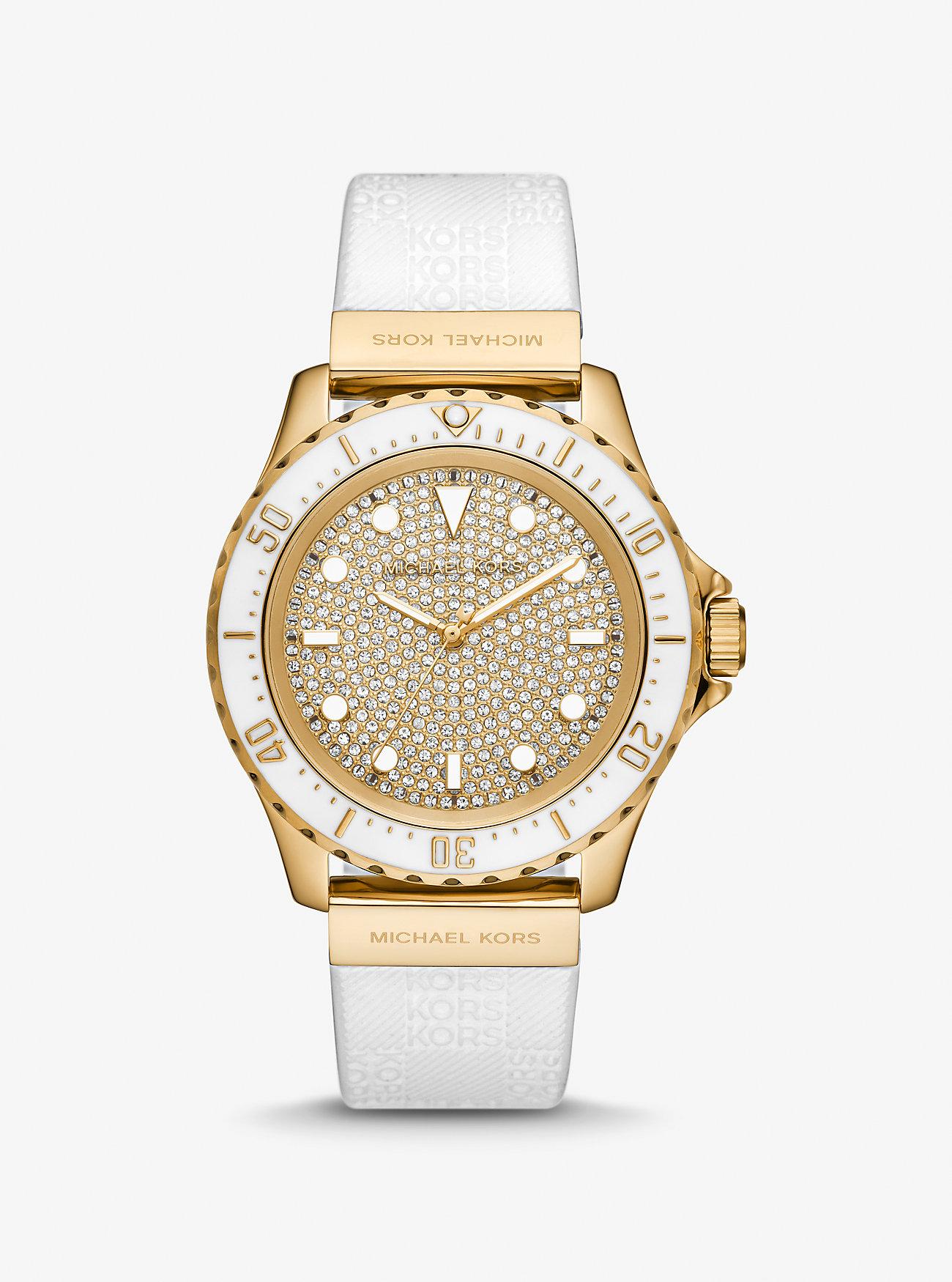 Đồng Hồ Michael Kors Oversized Slim Everest Pavé Gold-Tone And Embossed Silicone Watch Nữ Trắng