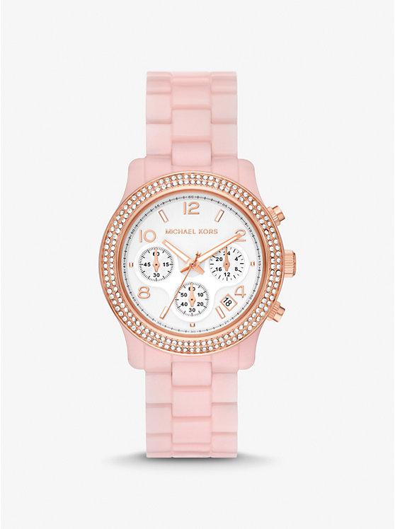 Đồng Hồ Michael Kors Runway Pavé Rose Gold-Tone And Blush Acetate Watch Nữ Hồng