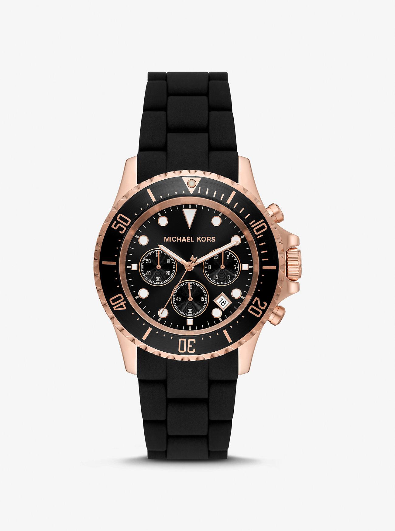 Đồng Hồ Michael Kors Oversized Everest Rose Gold-Tone And Silicone Watch Nữ Đen