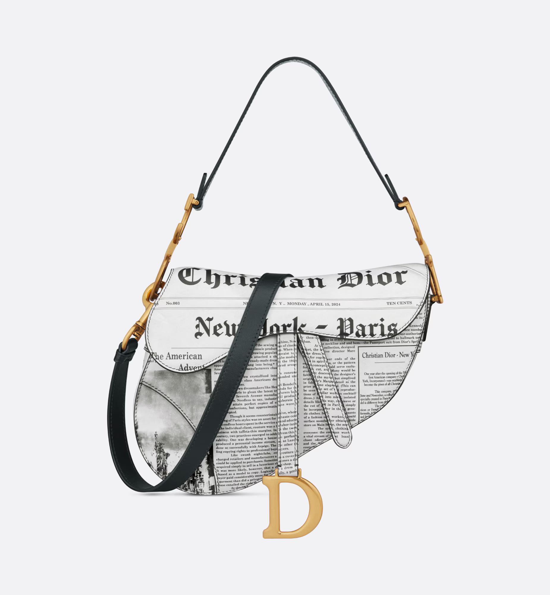 Túi Dior Saddle Bag With Strap White And Black Calfskin With Newspaper Print Nữ Trắng