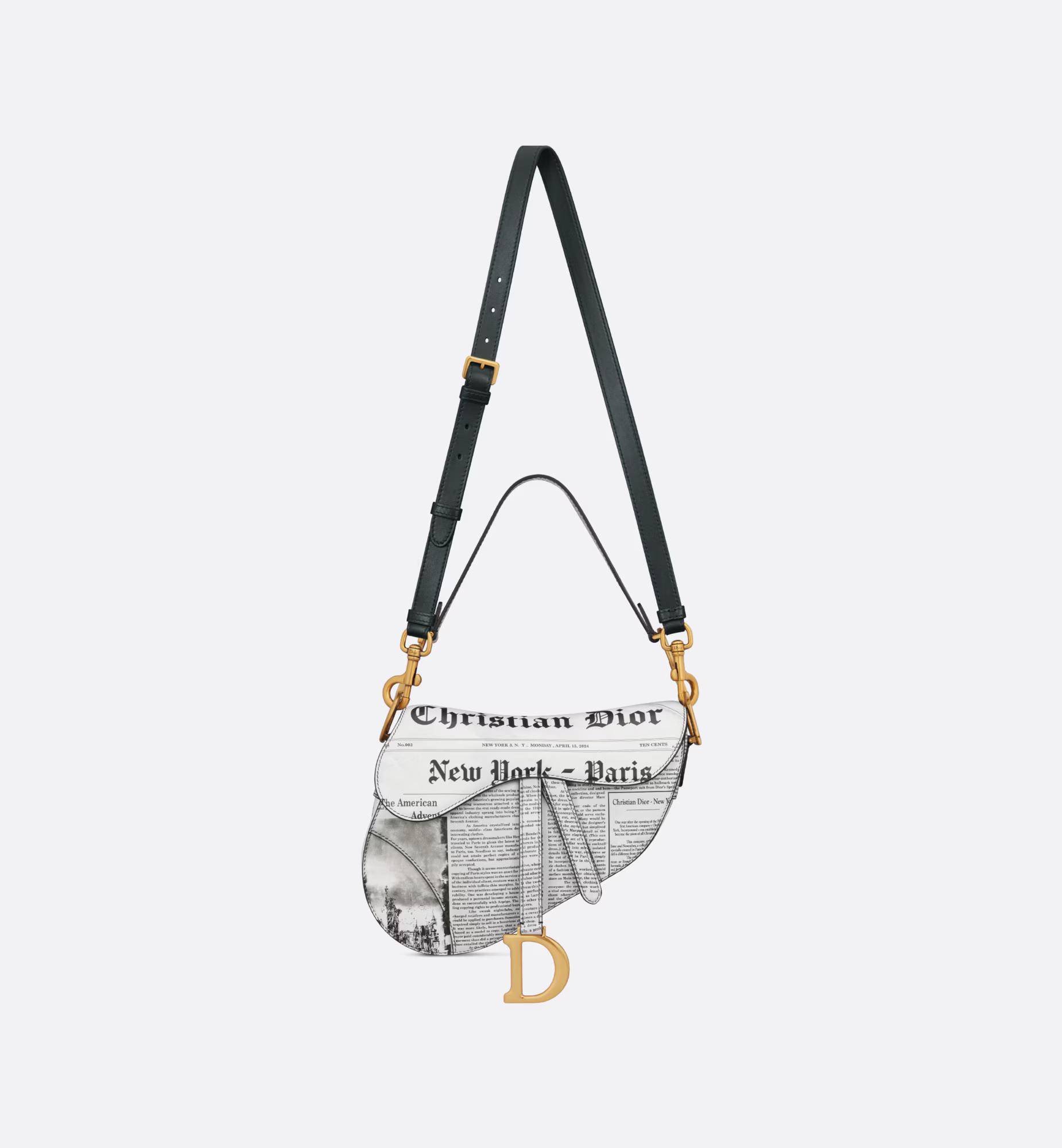 Túi Dior Saddle Bag With Strap White And Black Calfskin With Newspaper Print Nữ Trắng