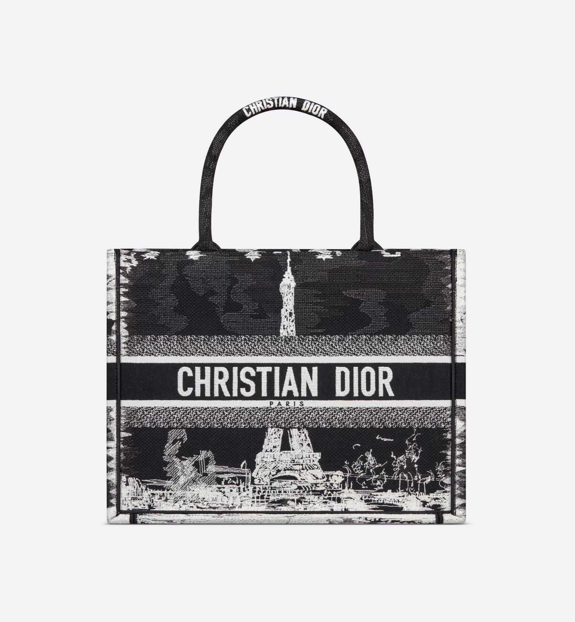 Túi Dior Medium Dior Book Tote Black And White Paris Embroidery Nữ Đen Trắng