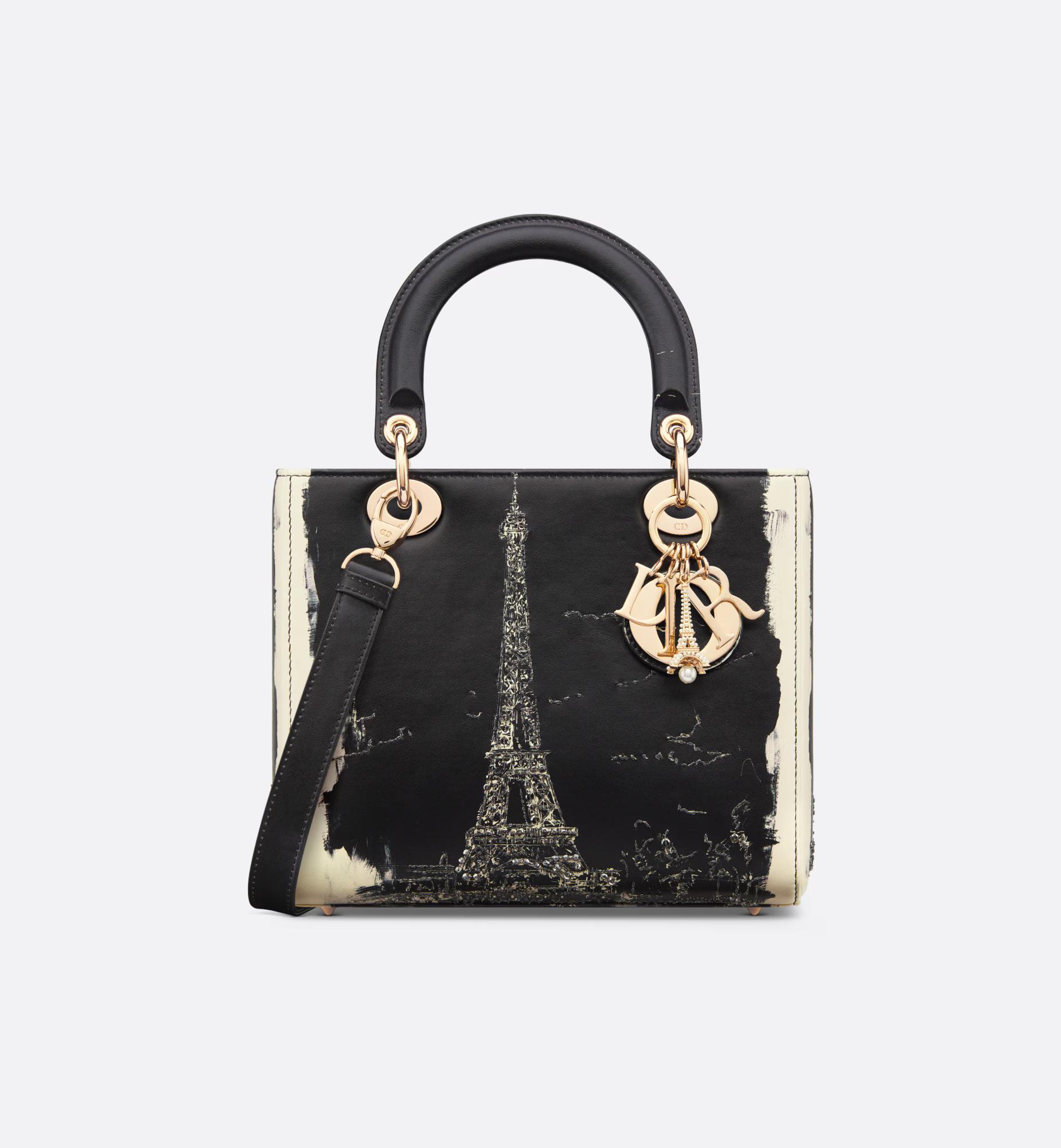 Túi Dior Medium Lady Dior Bag Black And Beige Calfskin With Paris Print Embroidered With Strass Nữ Đen