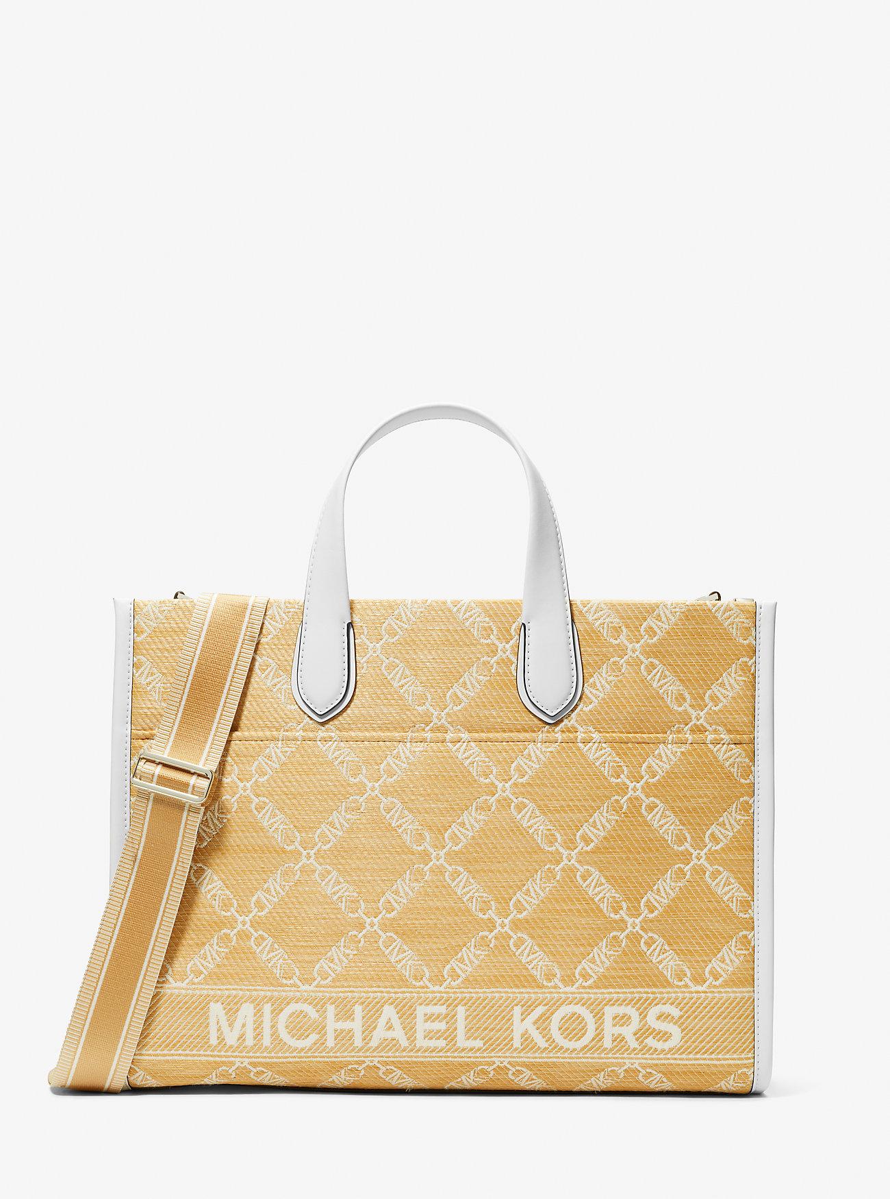 Túi Michael Kors Gigi Large Empire Logo Jacquard Straw Tote Bag Nữ Vàng