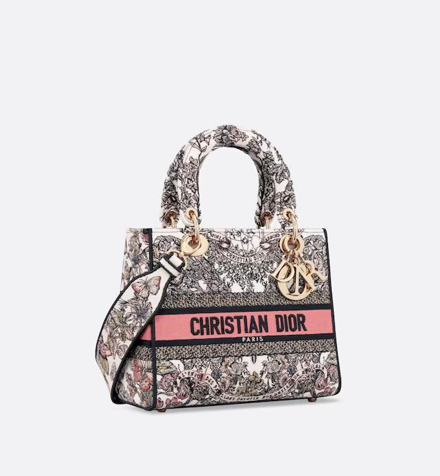 Túi Dior Medium Lady D-Lite Bag White And Pastel Pink Butterfly Around The World Embroidery