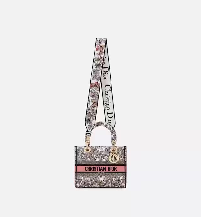 Túi Dior Medium Lady D-Lite Bag White And Pastel Pink Butterfly Around The World Embroidery