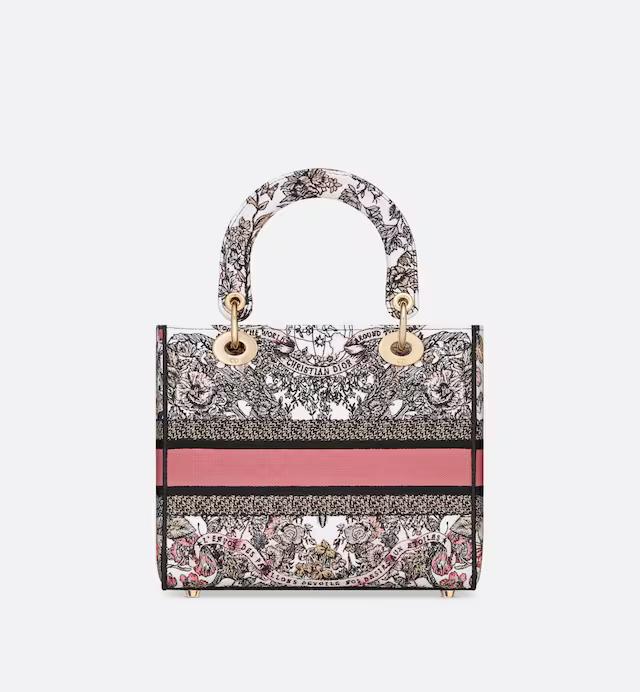 Túi Dior Medium Lady D-Lite Bag White And Pastel Pink Butterfly Around The World Embroidery