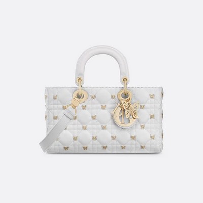 Túi Dior Medium Lady D-Joy Bag White Cannage Lambskin With Gold-Finish Butterfly Studs