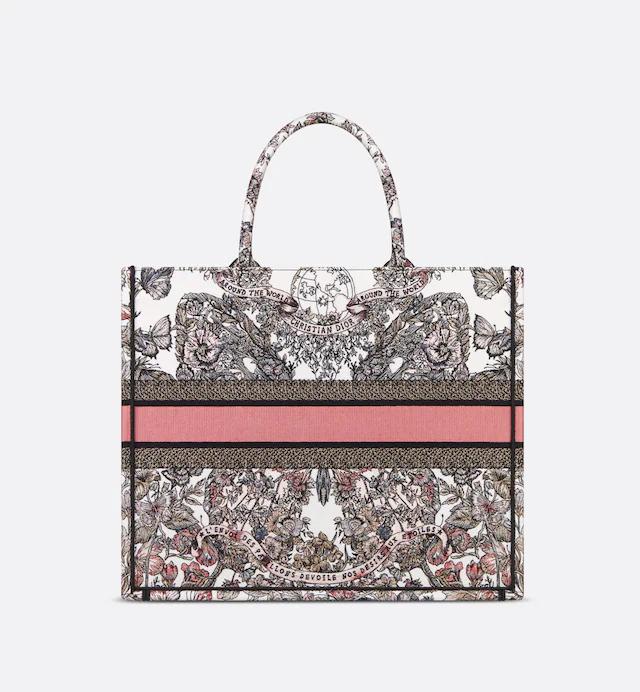 Túi Dior Large Dior Book Tote White And Pastel Pink Butterfly Around The World Embroidery