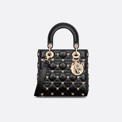 Túi Dior Small Lady Dior Bag Black Cannage Lambskin With Gold-Finish Butterfly Studs