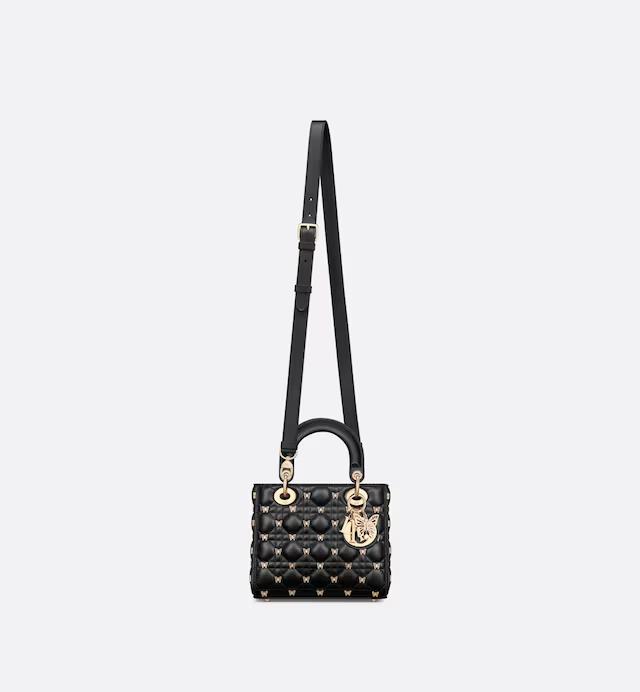 Túi Dior Small Lady Dior Bag Black Cannage Lambskin With Gold-Finish Butterfly Studs