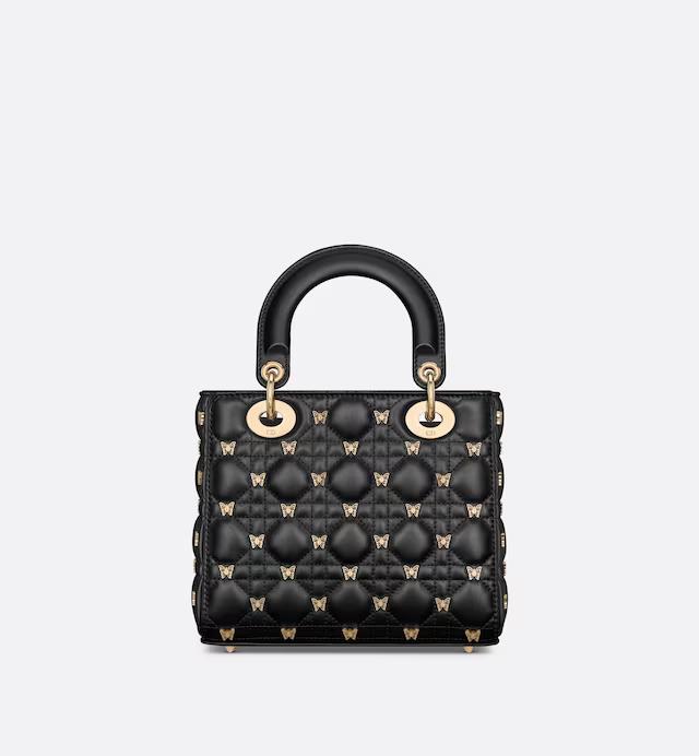 Túi Dior Small Lady Dior Bag Black Cannage Lambskin With Gold-Finish Butterfly Studs