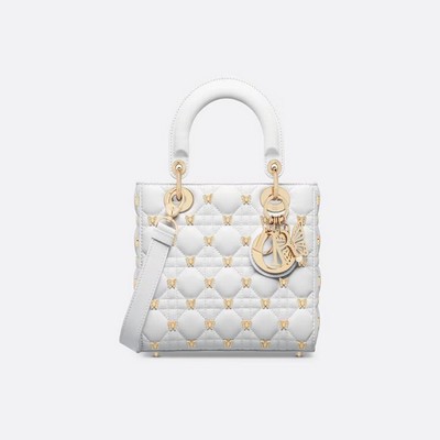 Túi Dior Small Lady Dior Bag White Cannage Lambskin With Gold-Finish Butterfly Studs