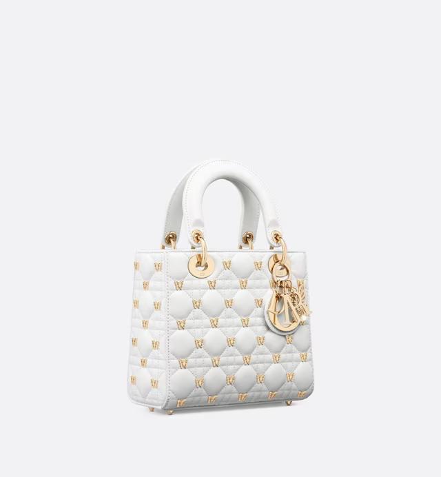 Túi Dior Small Lady Dior Bag White Cannage Lambskin With Gold-Finish Butterfly Studs