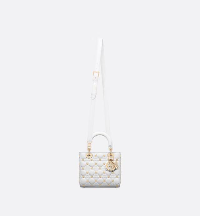 Túi Dior Small Lady Dior Bag White Cannage Lambskin With Gold-Finish Butterfly Studs