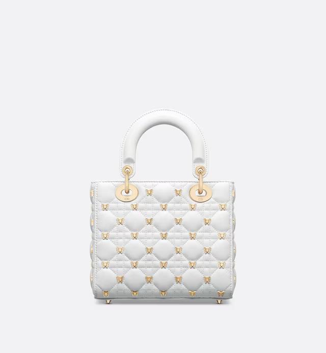 Túi Dior Small Lady Dior Bag White Cannage Lambskin With Gold-Finish Butterfly Studs