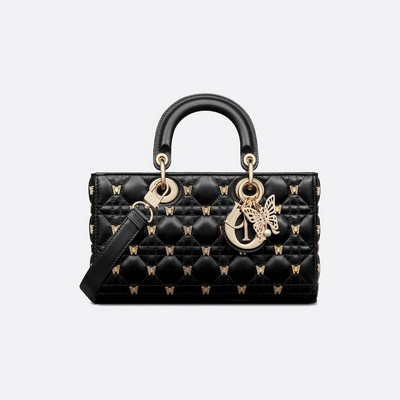 Túi Dior Medium Lady D-Joy Bag Black Cannage Lambskin With Gold-Finish Butterfly Studs