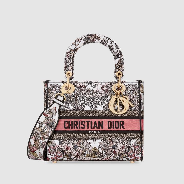 Túi Dior Medium Lady D-Lite Bag White And Pastel Pink Butterfly Around The World Embroidery