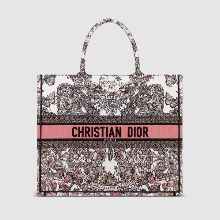 Túi Dior Large Dior Book Tote White And Pastel Pink Butterfly Around The World Embroidery