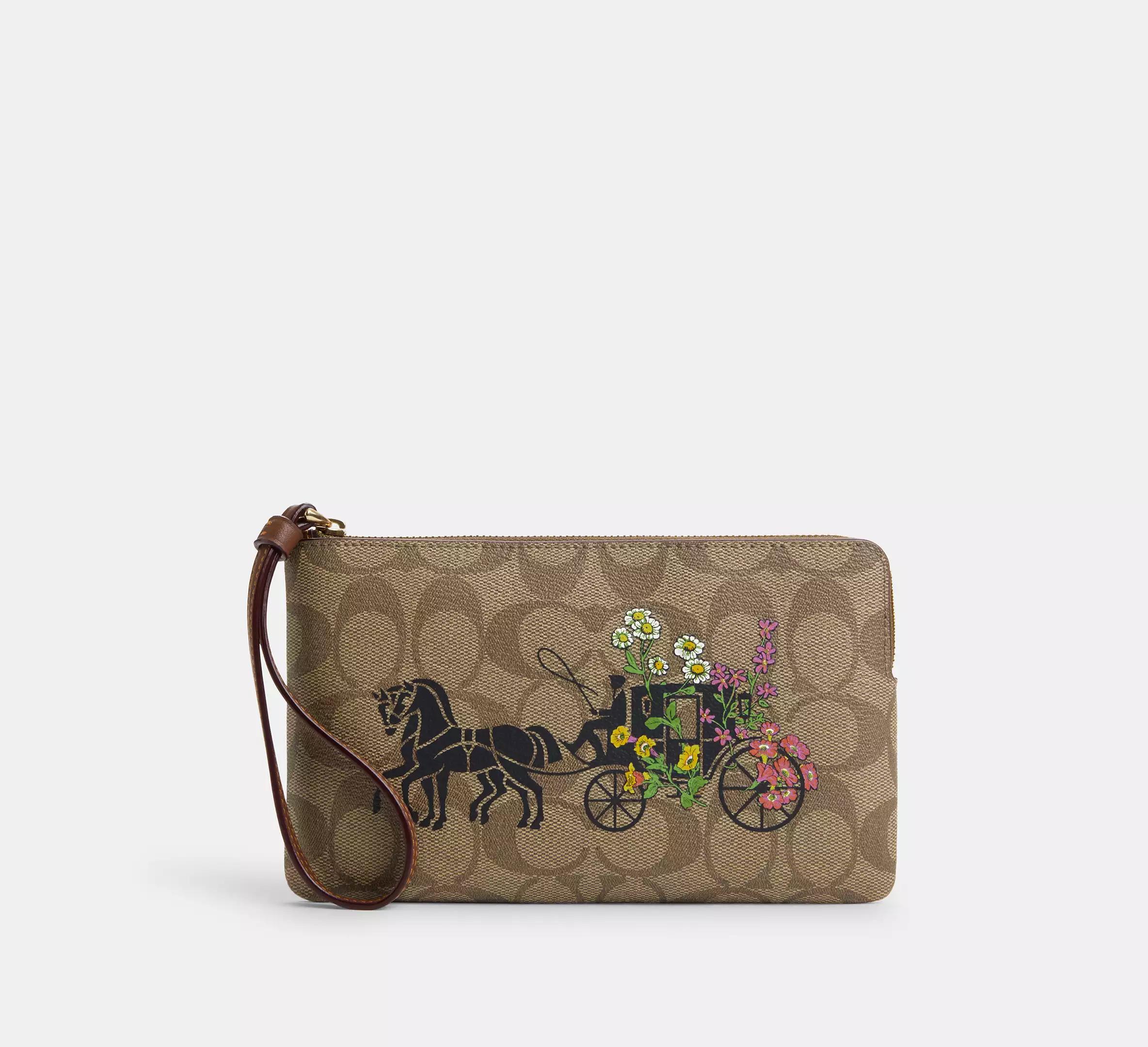 Túi Coach Large Corner Zip Wristlet In Signature Canvas With Floral Horse And Carriage Nữ Nâu