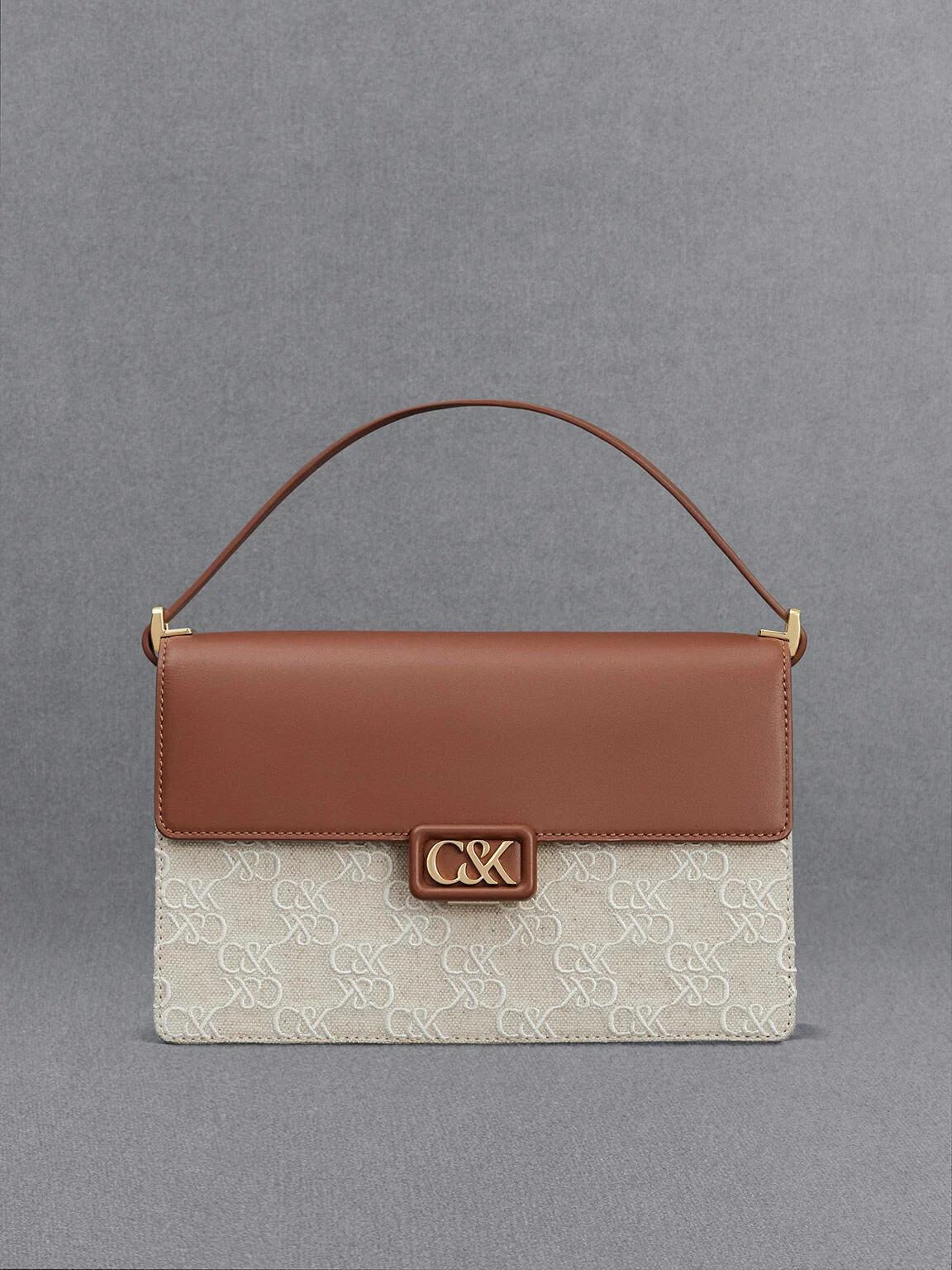 Túi Charles & Keith Leather & Canvas Two-Tone Nữ Nâu Be