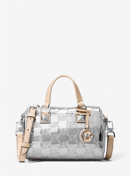 Túi Michael Kors Grayson Small Logo Embossed Patent Duffel Crossbody Bag Nữ Bạc