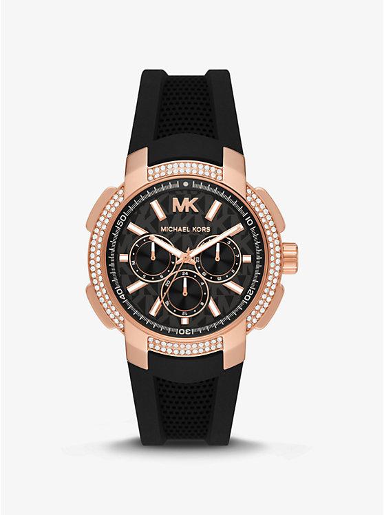 Đồng Hồ Michael Kors Oversized Sydney Pavé Rose Gold-Tone And Silicone Watch Nữ Đen