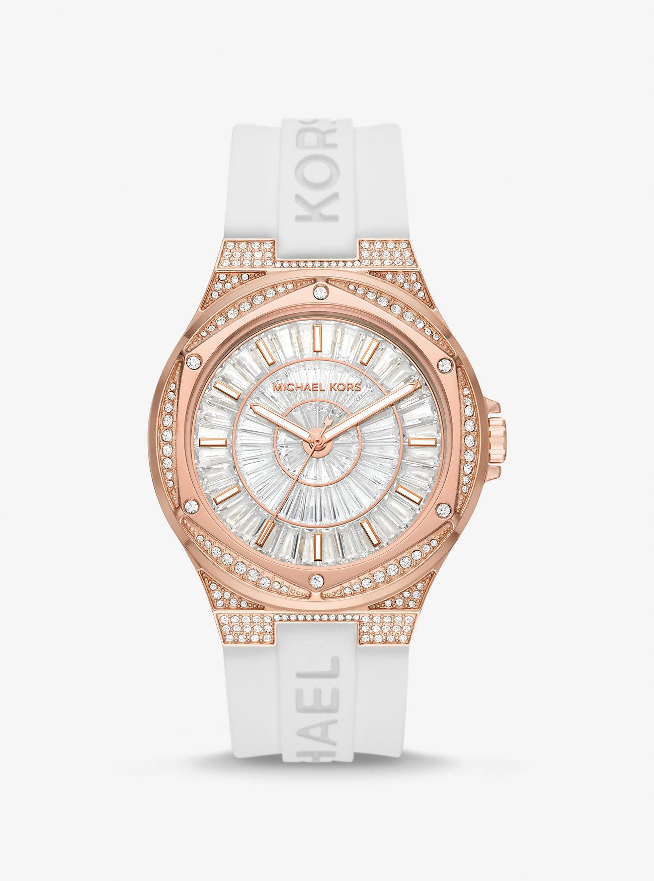 Đồng Hồ Michael Kors Oversized Lennox Pavé Rose Gold-Tone And Silicone Watch Nữ Trắng