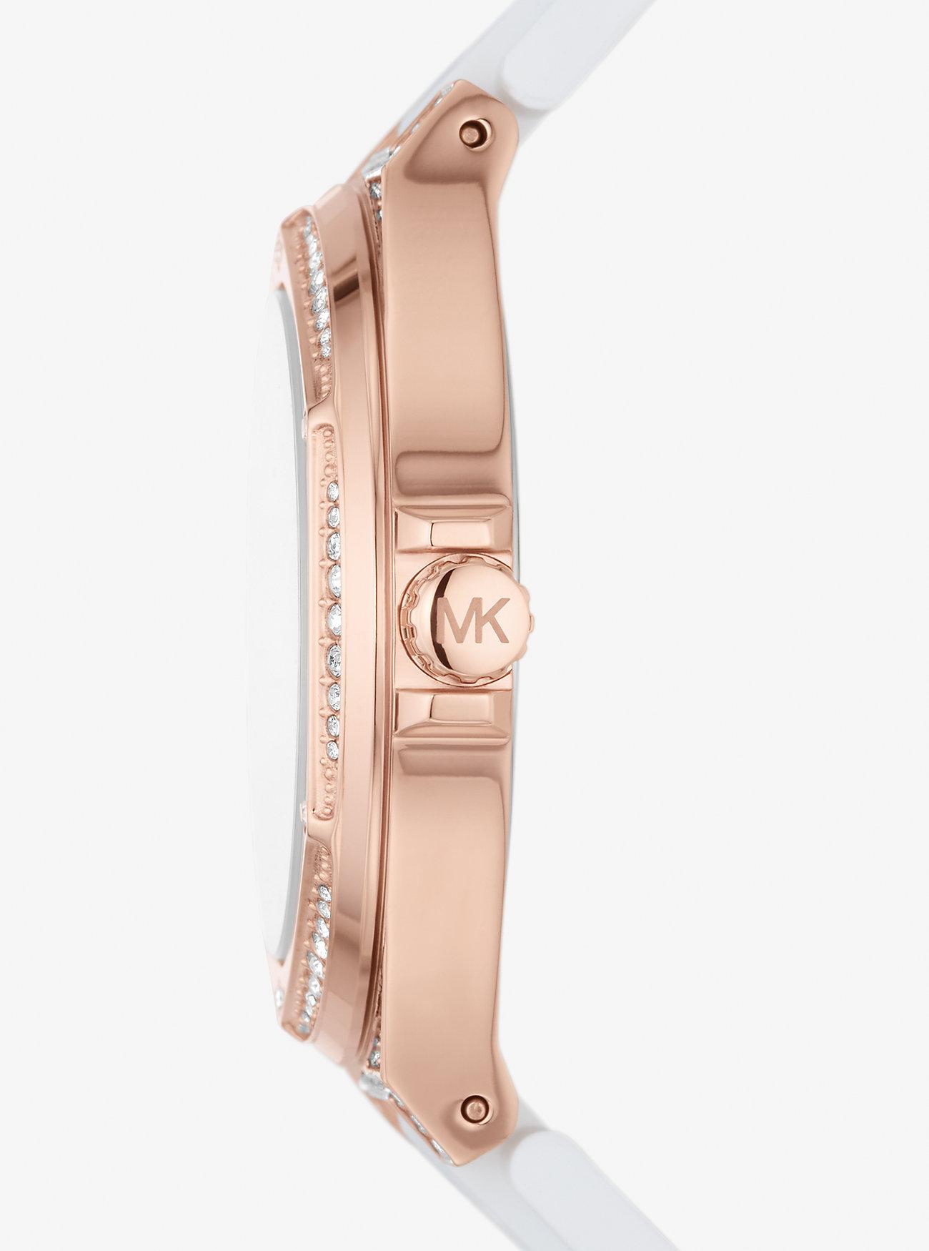 Đồng Hồ Michael Kors Oversized Lennox Pavé Rose Gold-Tone And Silicone Watch Nữ Trắng