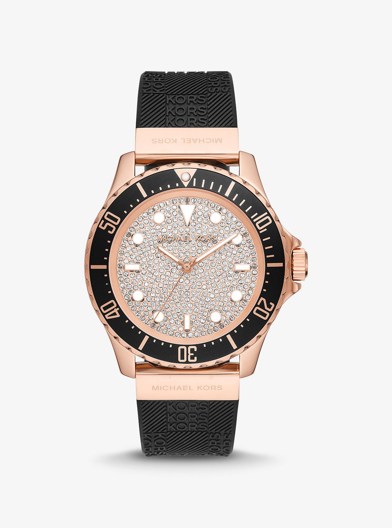 Đồng Hồ Michael Kors Oversized Slim Everest Pavé Rose-Gold Tone And Embossed Silicone Watch Nữ Đen