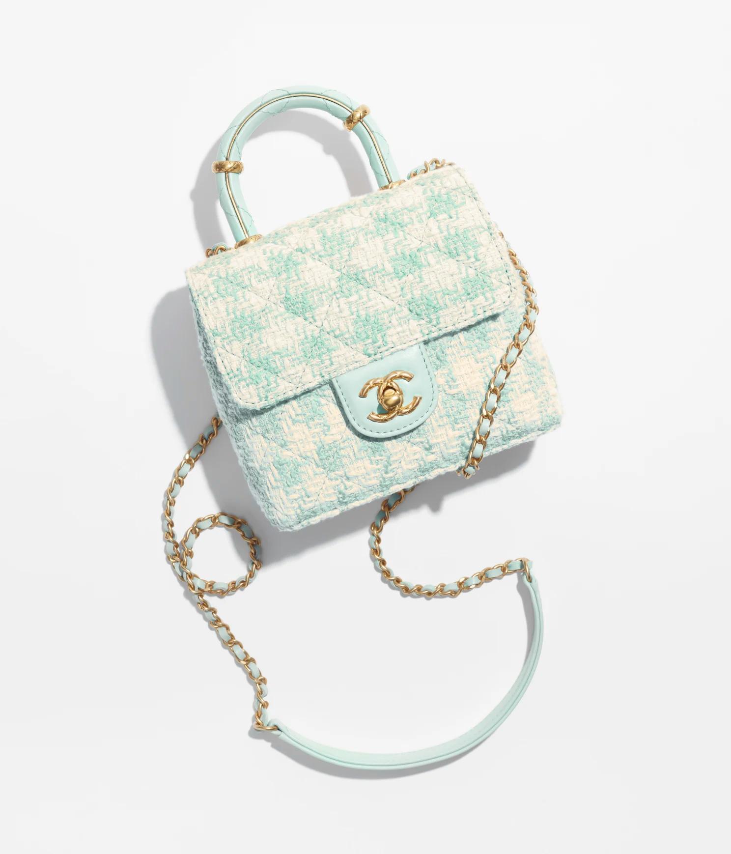 Túi Chanel Mini Flap Bag With Top Handle Tweed, Lambskin Nữ Xanh