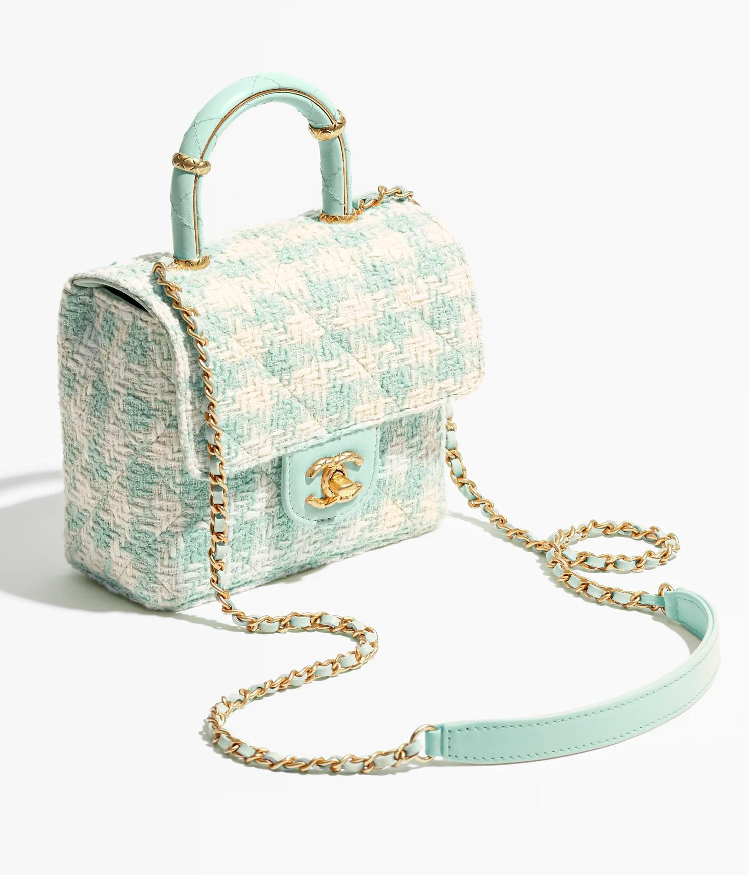 Túi Chanel Mini Flap Bag With Top Handle Tweed, Lambskin Nữ Xanh