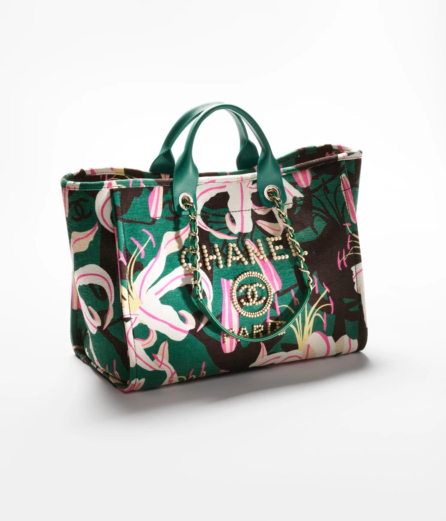 Túi Chanel Large Shopping Bag Printed Velvet, Wooden Pearls Gold-Tone Nữ Xanh