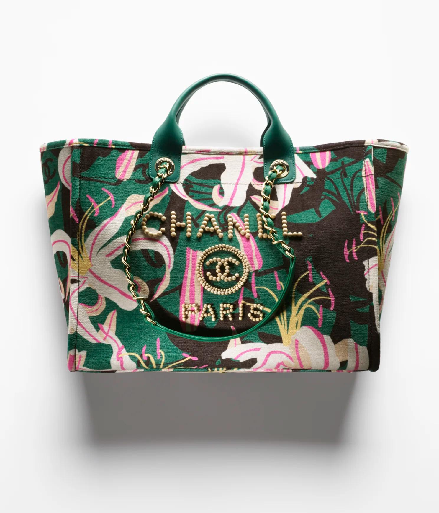 Túi Chanel Large Shopping Bag Printed Velvet, Wooden Pearls Gold-Tone Nữ Xanh