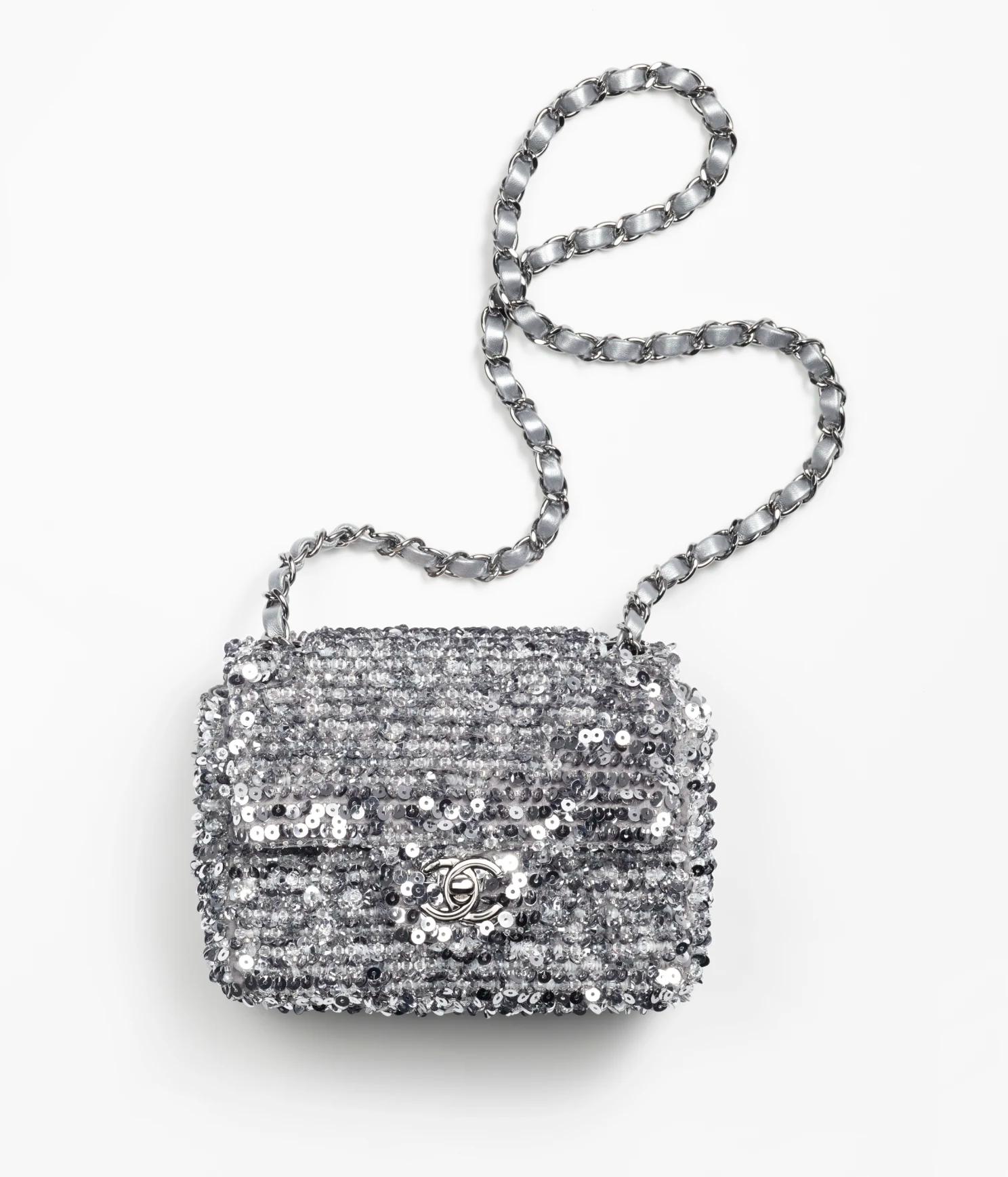 Túi Chanel Mini Flap Bag Embroidered Satin, Sequins, Glass Pearls Nữ Bạc