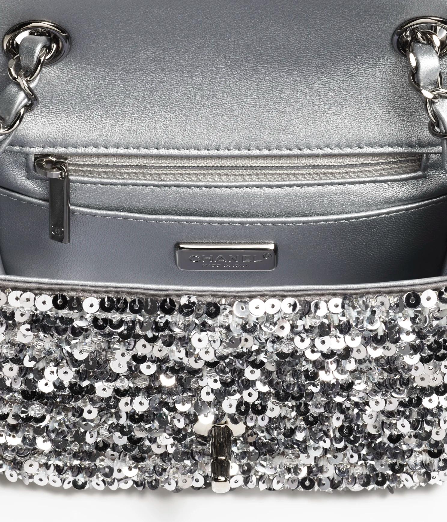 Túi Chanel Mini Flap Bag Embroidered Satin, Sequins, Glass Pearls Nữ Bạc