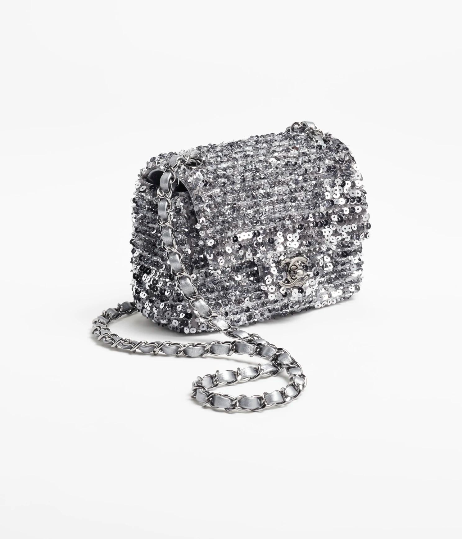 Túi Chanel Mini Flap Bag Embroidered Satin, Sequins, Glass Pearls Nữ Bạc