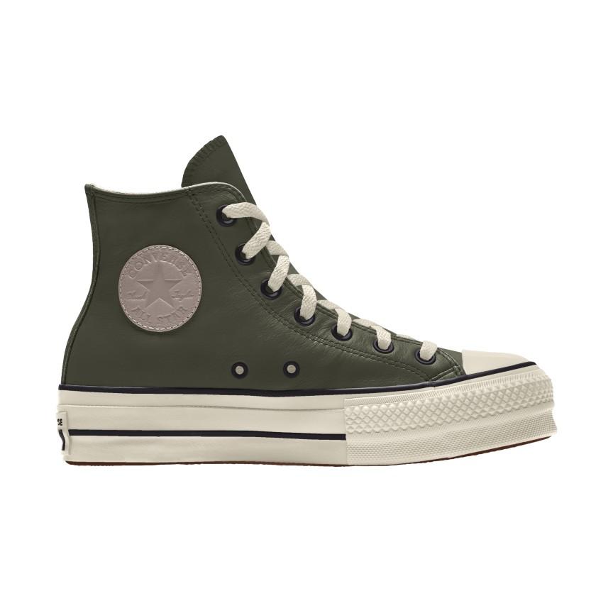 Giày Converse Custom Chuck Taylor All Star Lift Platform Leather By You Cổ Cao Nam Xanh Rêu