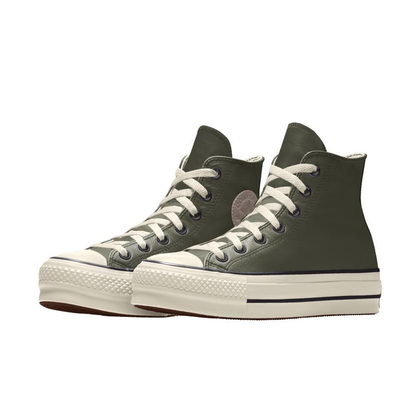 Giày Converse Custom Chuck Taylor All Star Lift Platform Leather By You Cổ Cao Nam Xanh Rêu