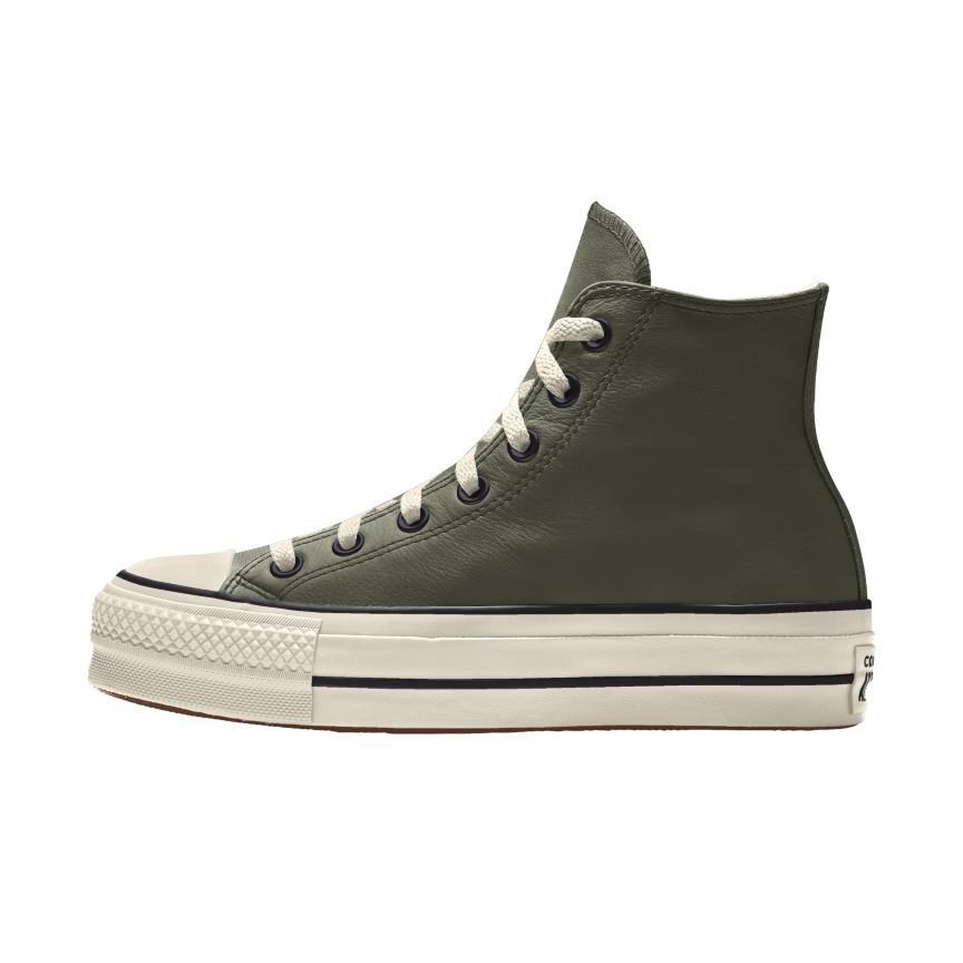 Giày Converse Custom Chuck Taylor All Star Lift Platform Leather By You Cổ Cao Nam Xanh Rêu