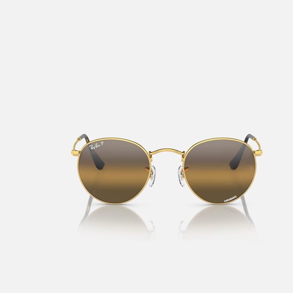 Kính Ray-Ban Round Metal Chromance Vàng Bạc Nâu