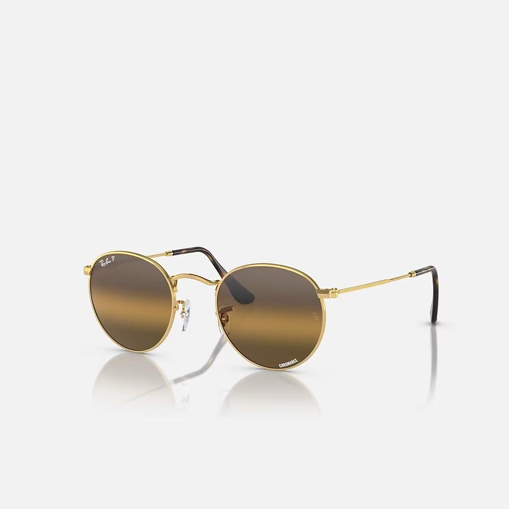 Kính Ray-Ban Round Metal Chromance Vàng Bạc Nâu