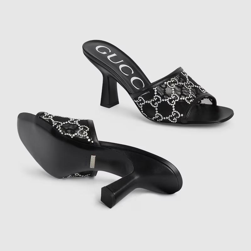 Giày Gucci Gg Mid-Heel Slide Sandal Nữ Đen