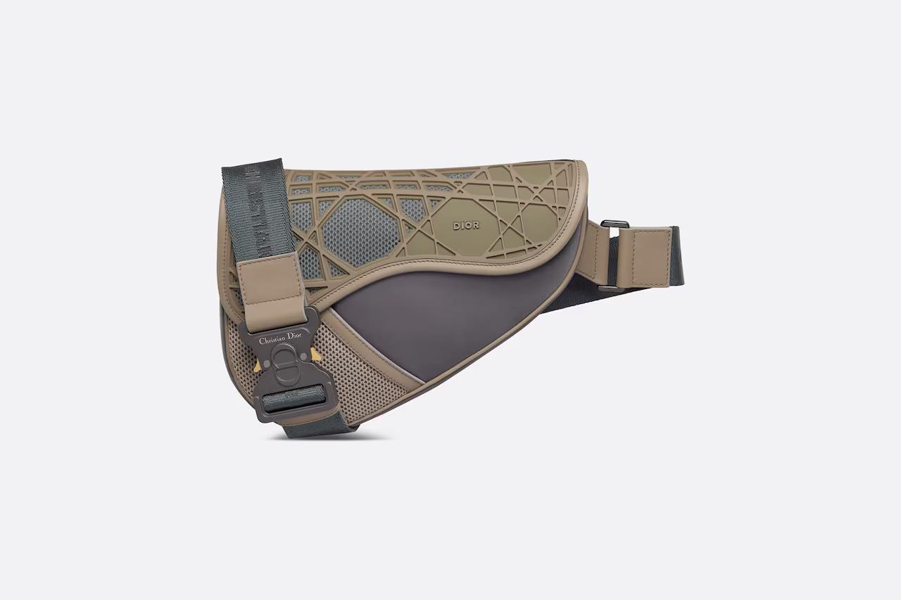 Túi Dior Saddle Bag Deep Gray Beige and Khaki Smooth Calfskin and Upcycled Nylon with Warped Cannage Motif Rubber