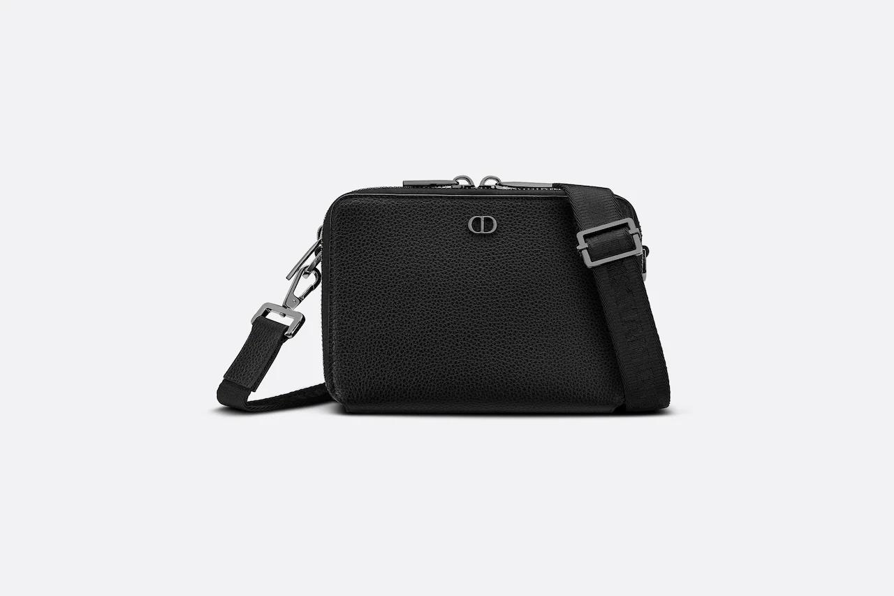 Túi Dior Pouch With Strap Black Grained Calfskin With CD Icon Signature